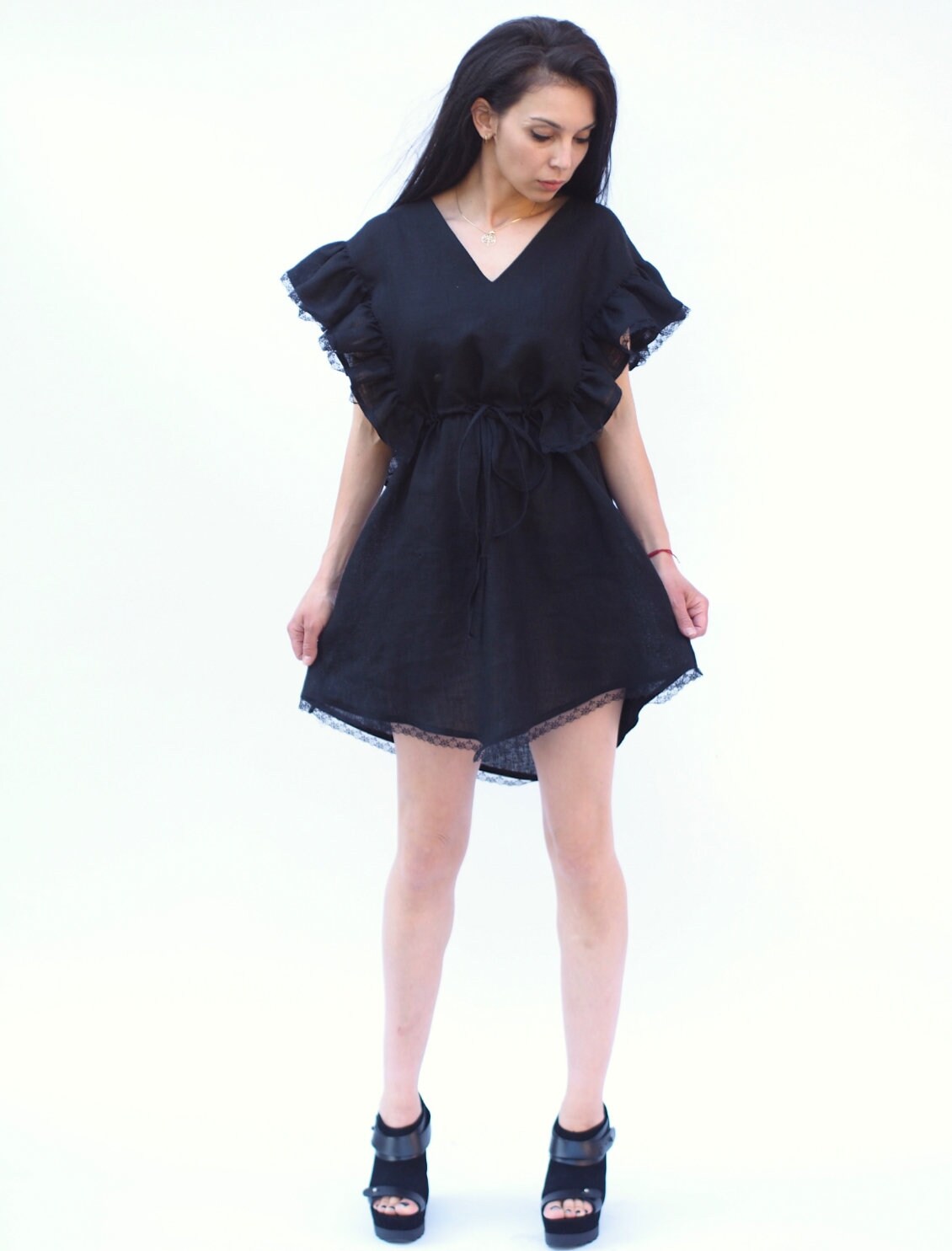 Women Linen Dress Black Elegant For Summer Boho