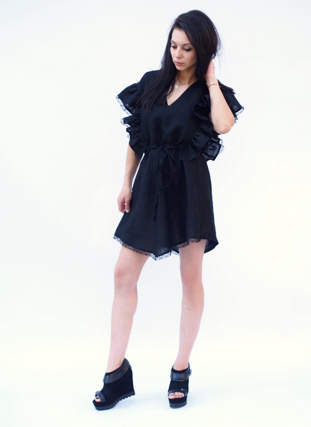 Women Linen Dress Black Elegant For Summer Boho