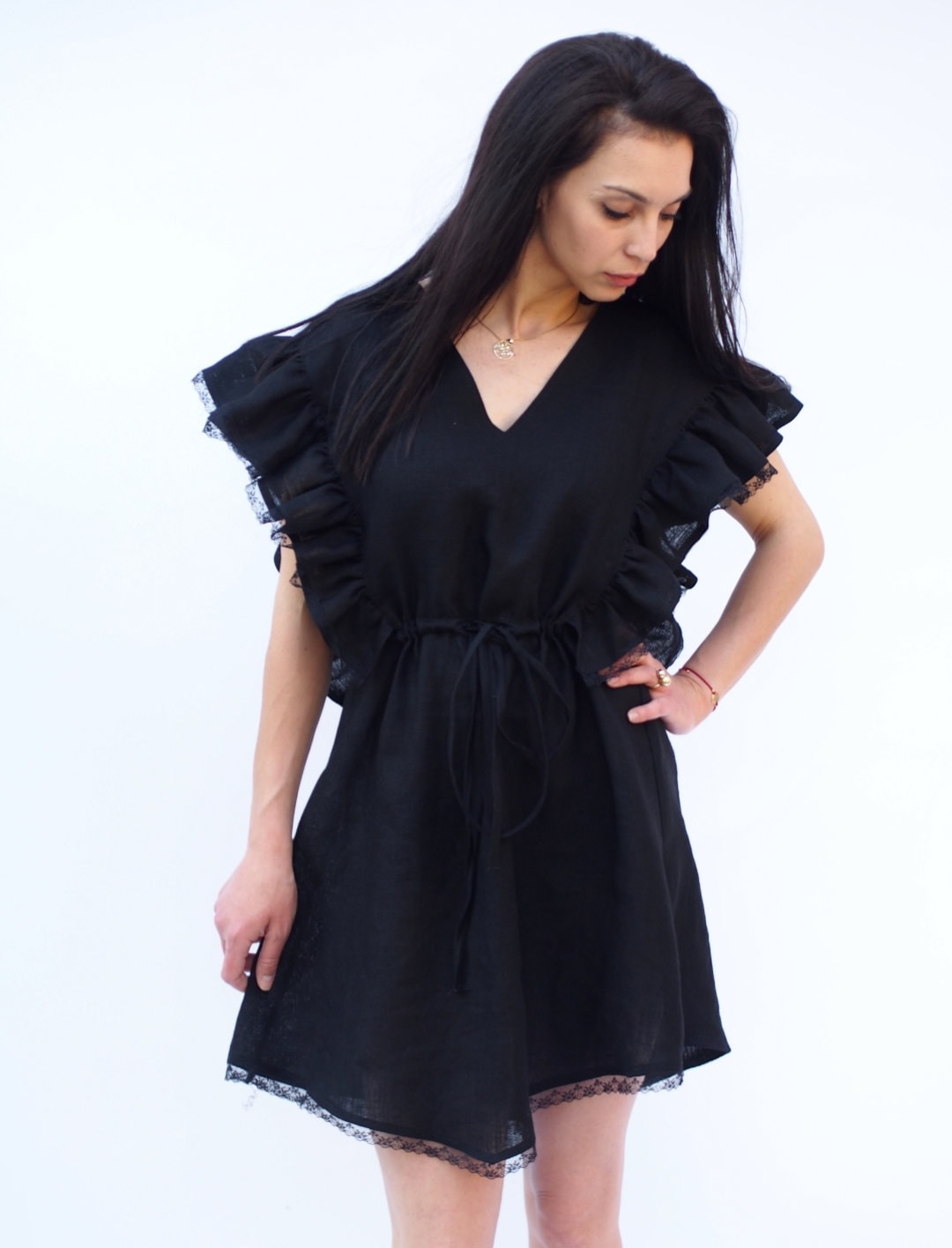 Women Linen Dress Black Elegant For Summer Boho