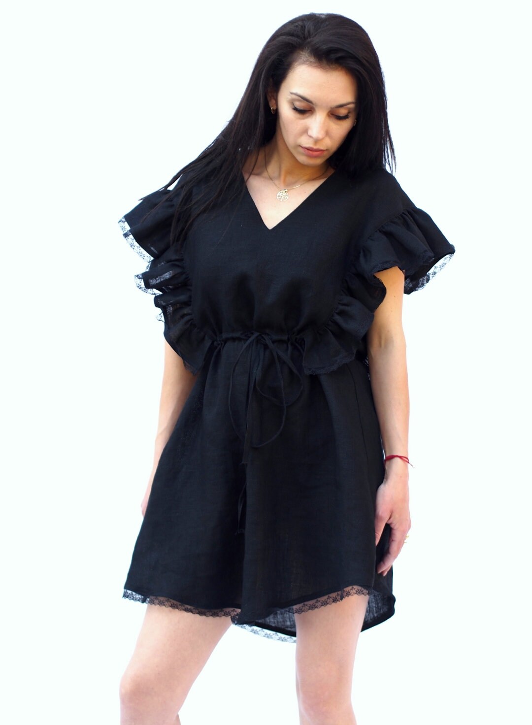 Women Linen Dress Black Elegant For Summer Boho
