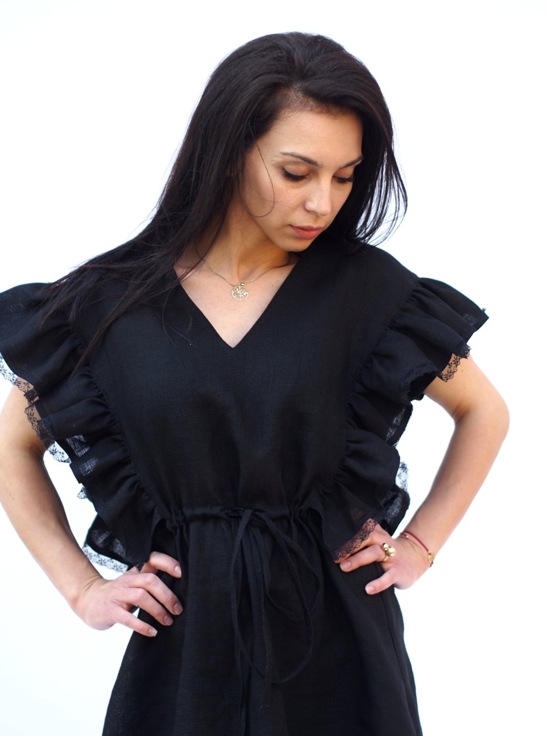 Women Linen Dress Black Elegant For Summer Boho