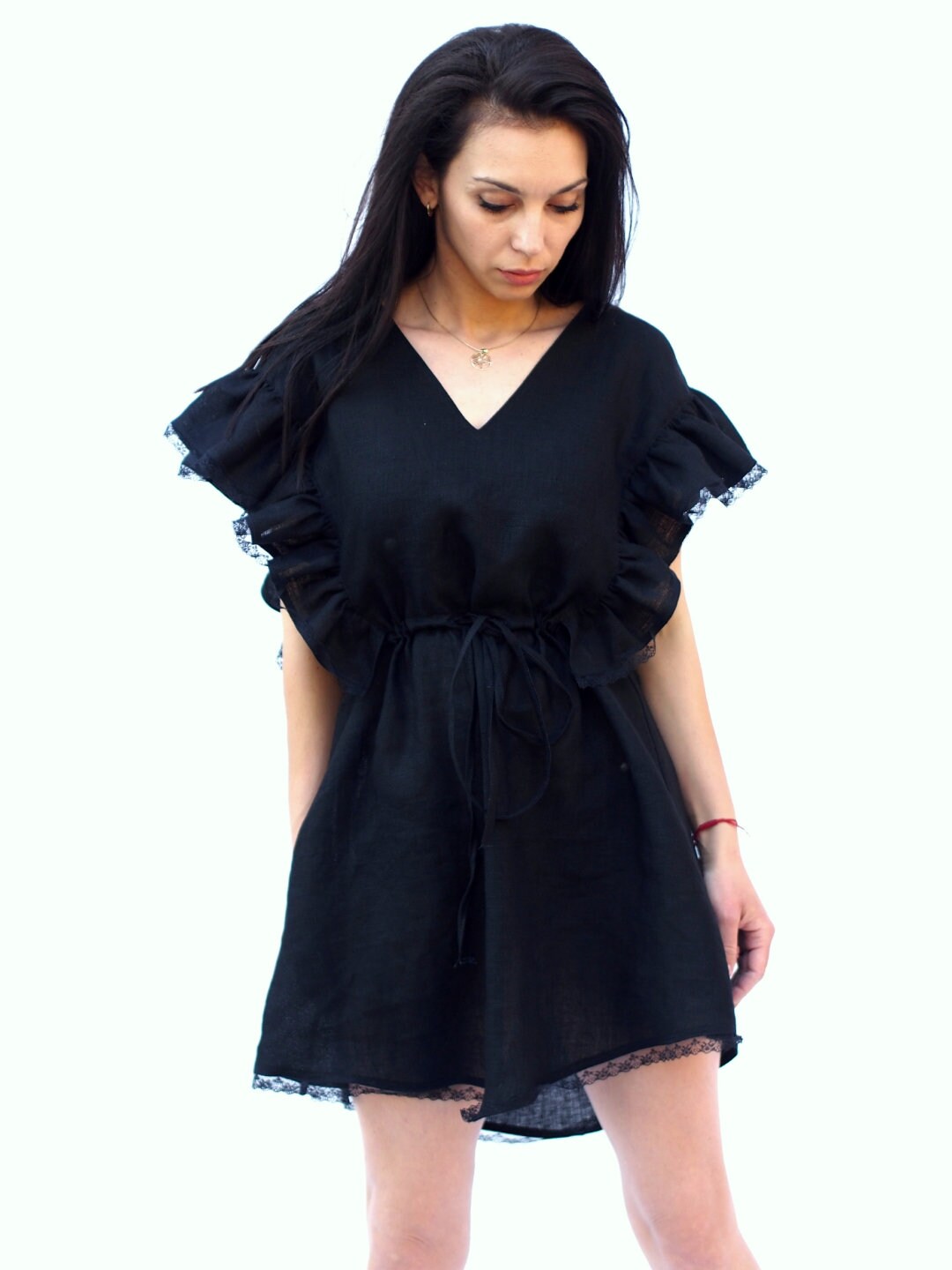 Women Linen Dress Black Elegant For Summer Boho