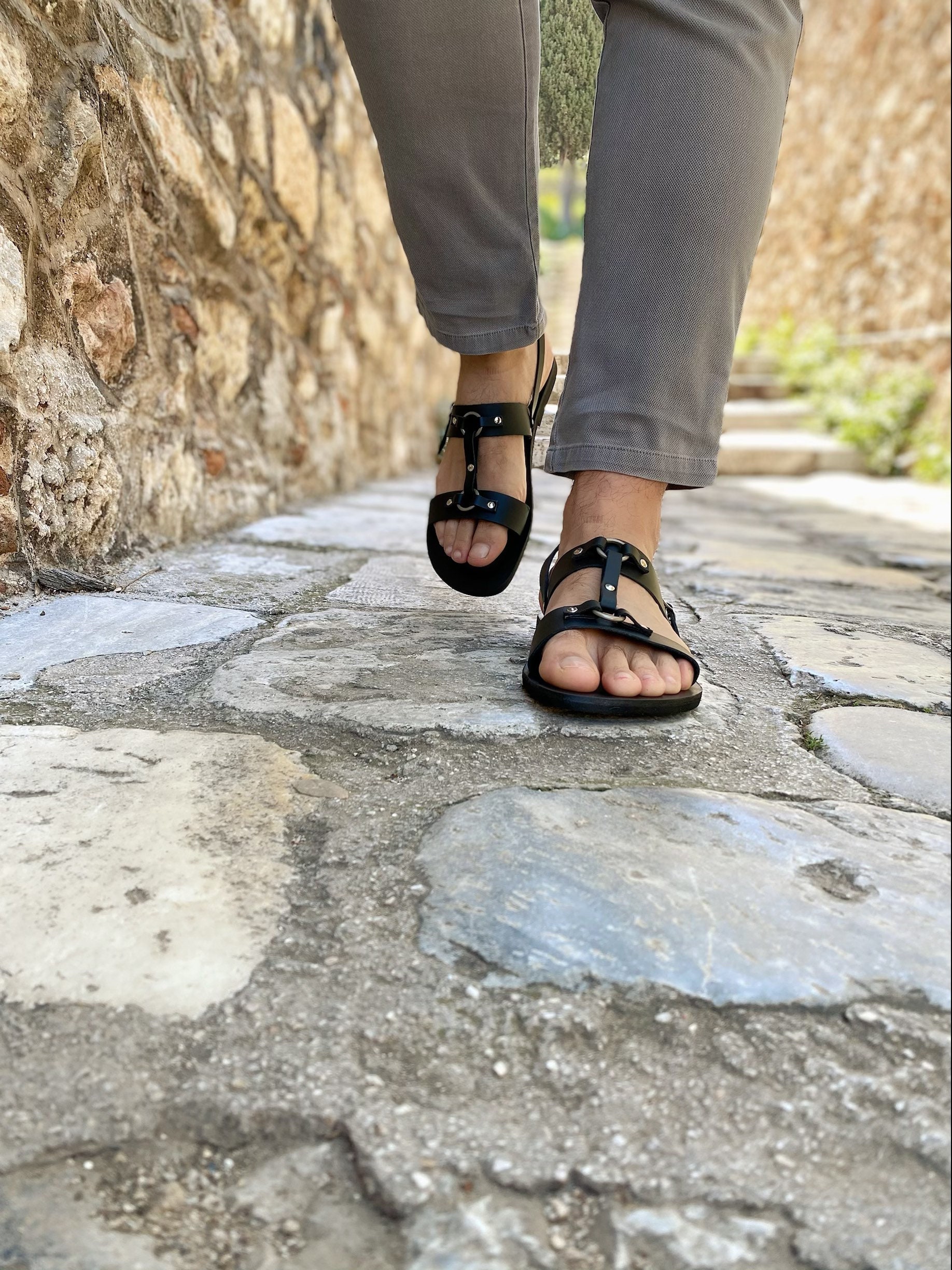 Men's Leather Slingback Sandals Black Greek Summer Shoes