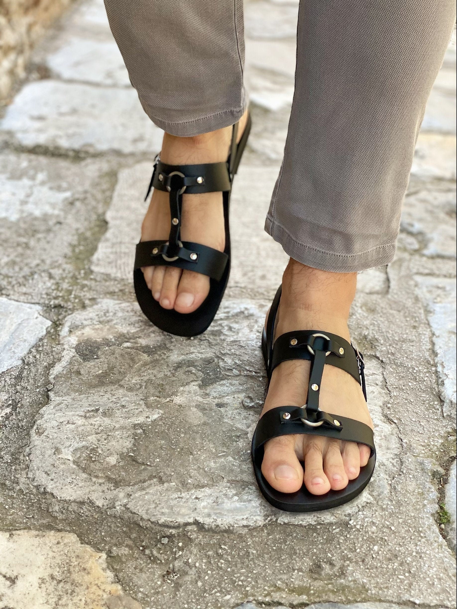 Men's Leather Slingback Sandals Black Greek Summer Shoes