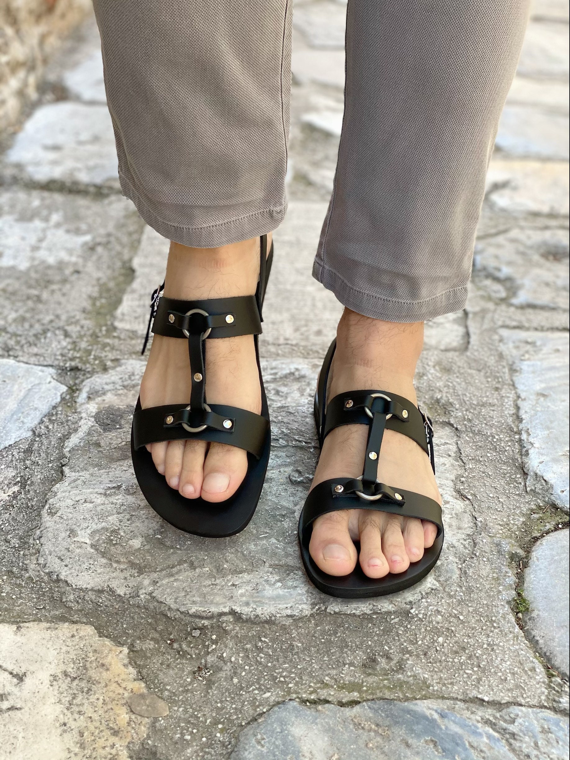 Men's Leather Slingback Sandals Black Greek Summer Shoes