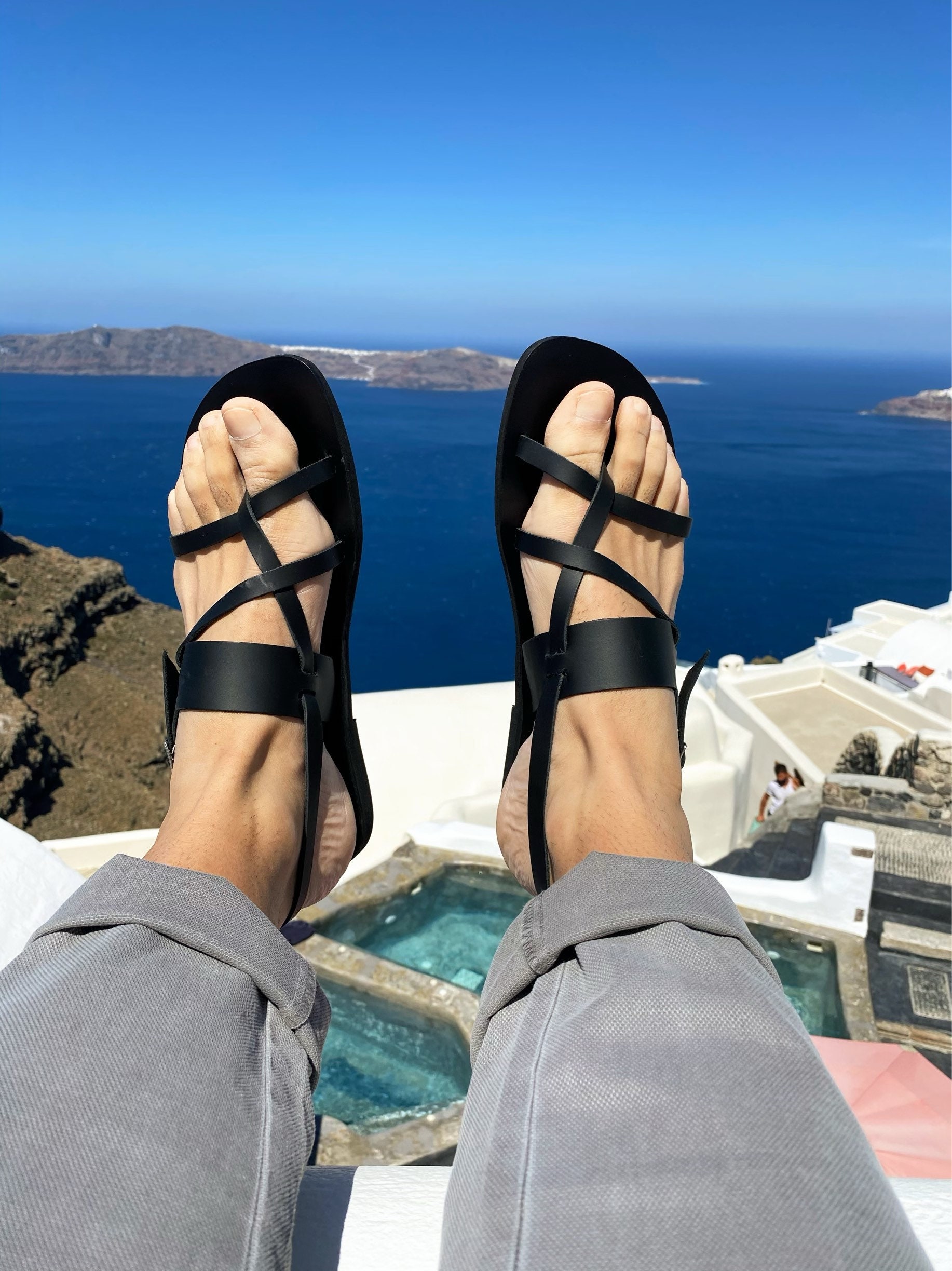 Black Leather Sandals Men Greek Gladiator Mens Slingbacks