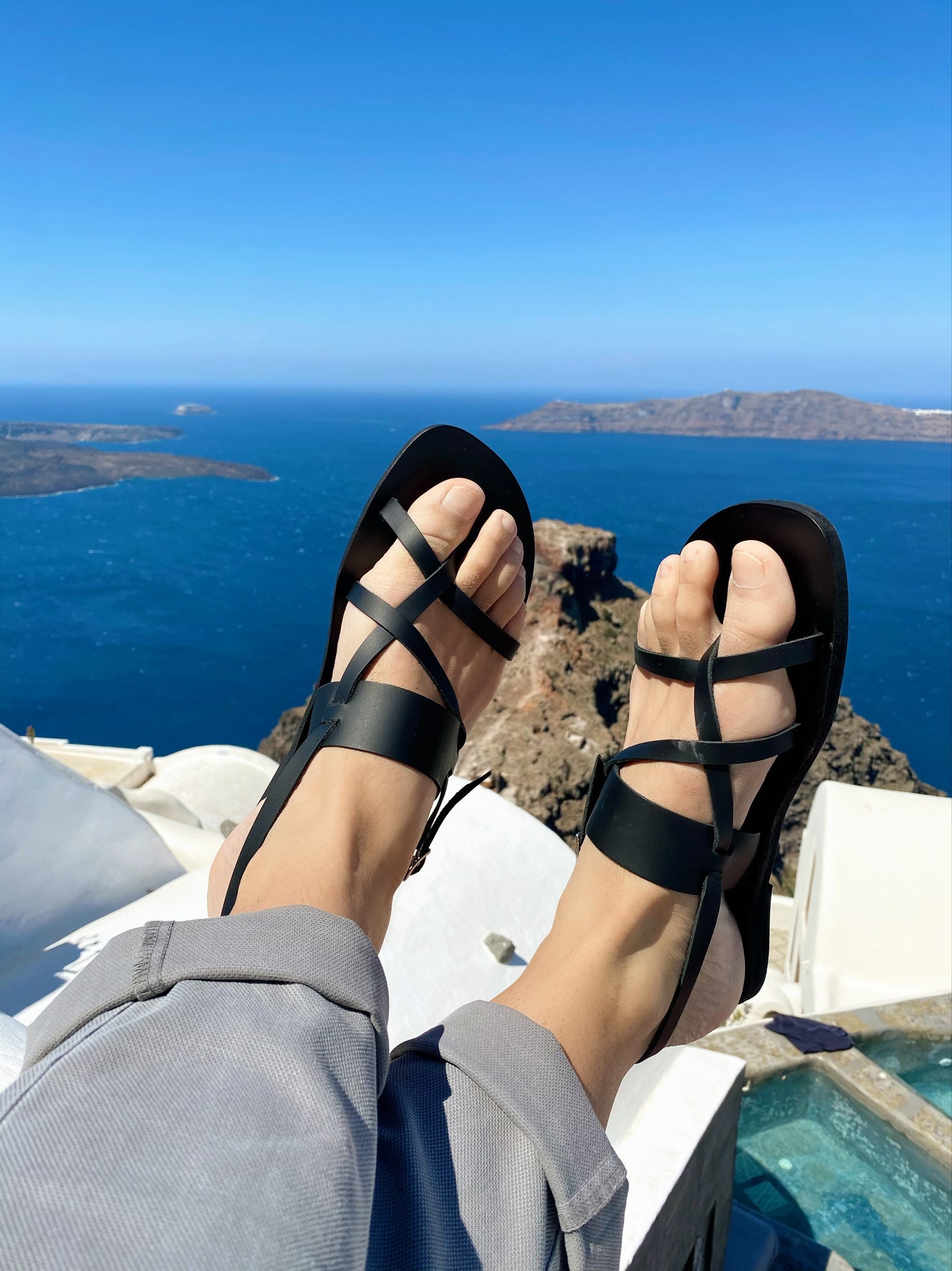 Black Leather Sandals Men Greek Gladiator Mens Slingbacks