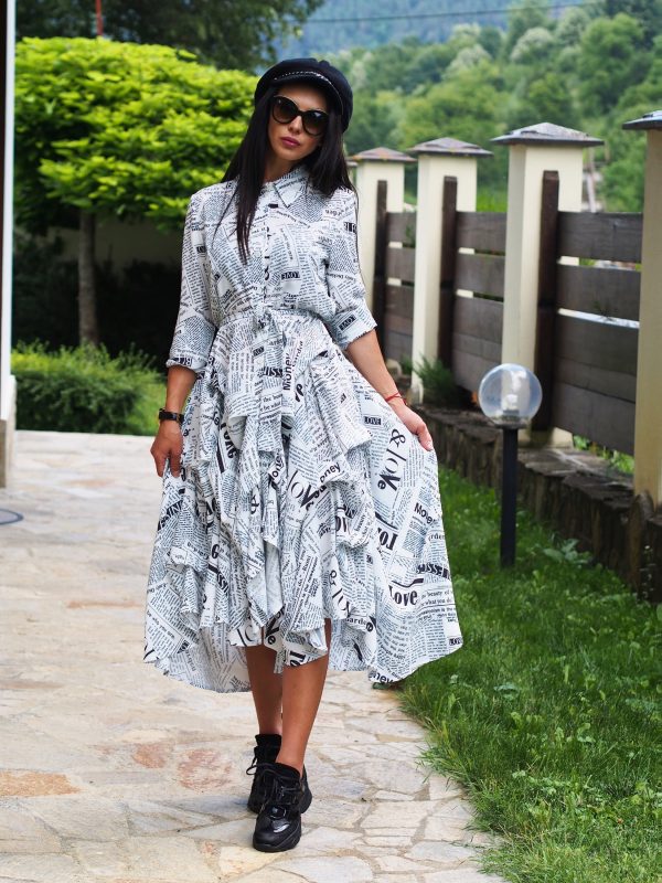 Print Flared Shirt Dress With Sleeves Casual Button