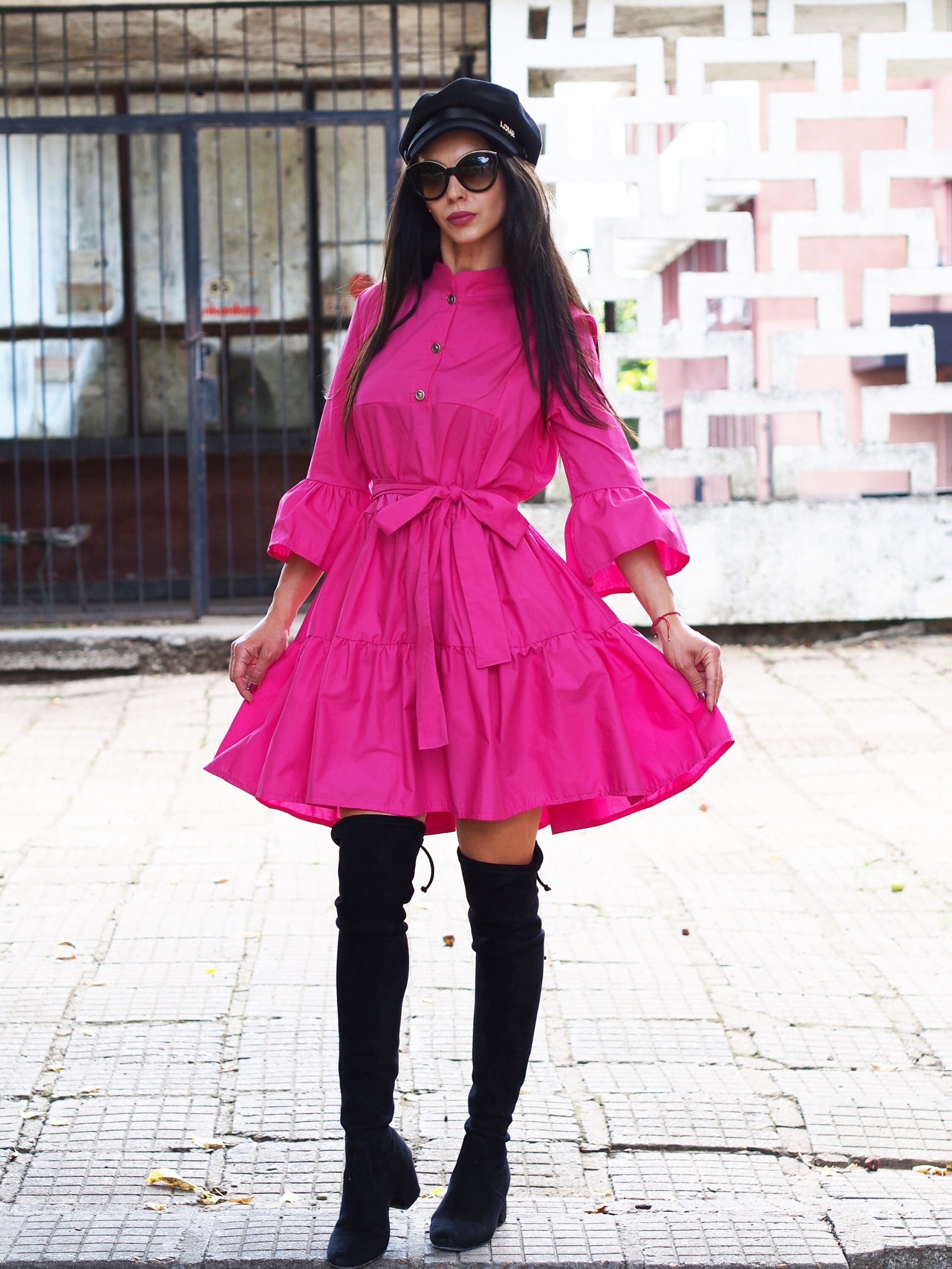 Black Cotton Shirt Dress With Belt Ruffle Long