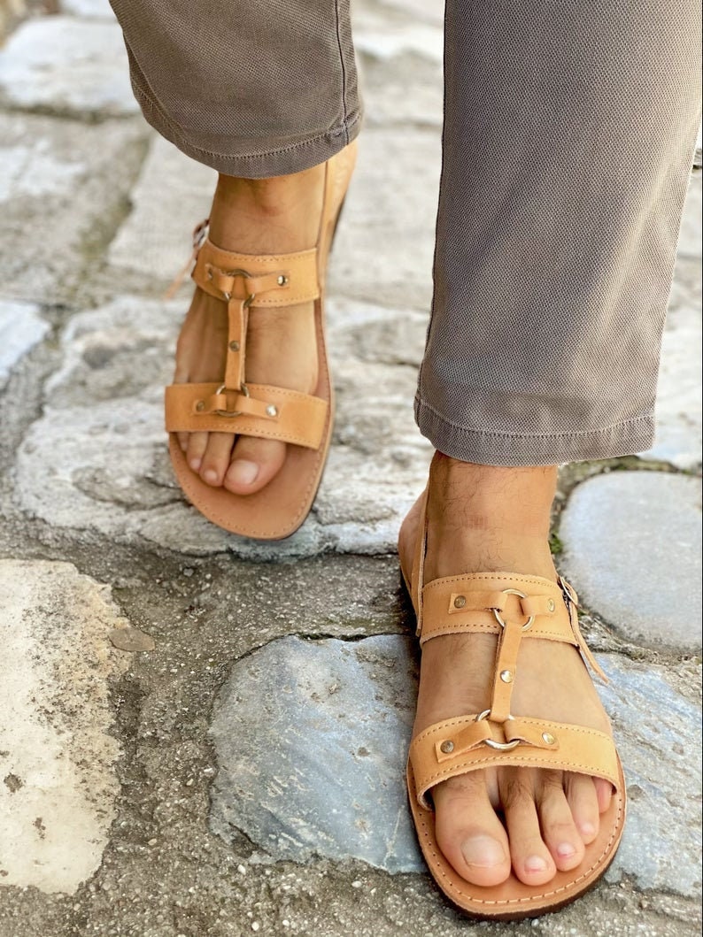 Men's Leather Slingback Sandals Black Greek Summer Shoes