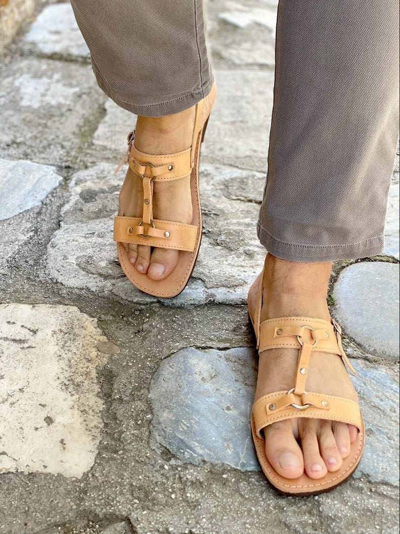 Men's Leather Slingback Sandals Black Greek Summer Shoes