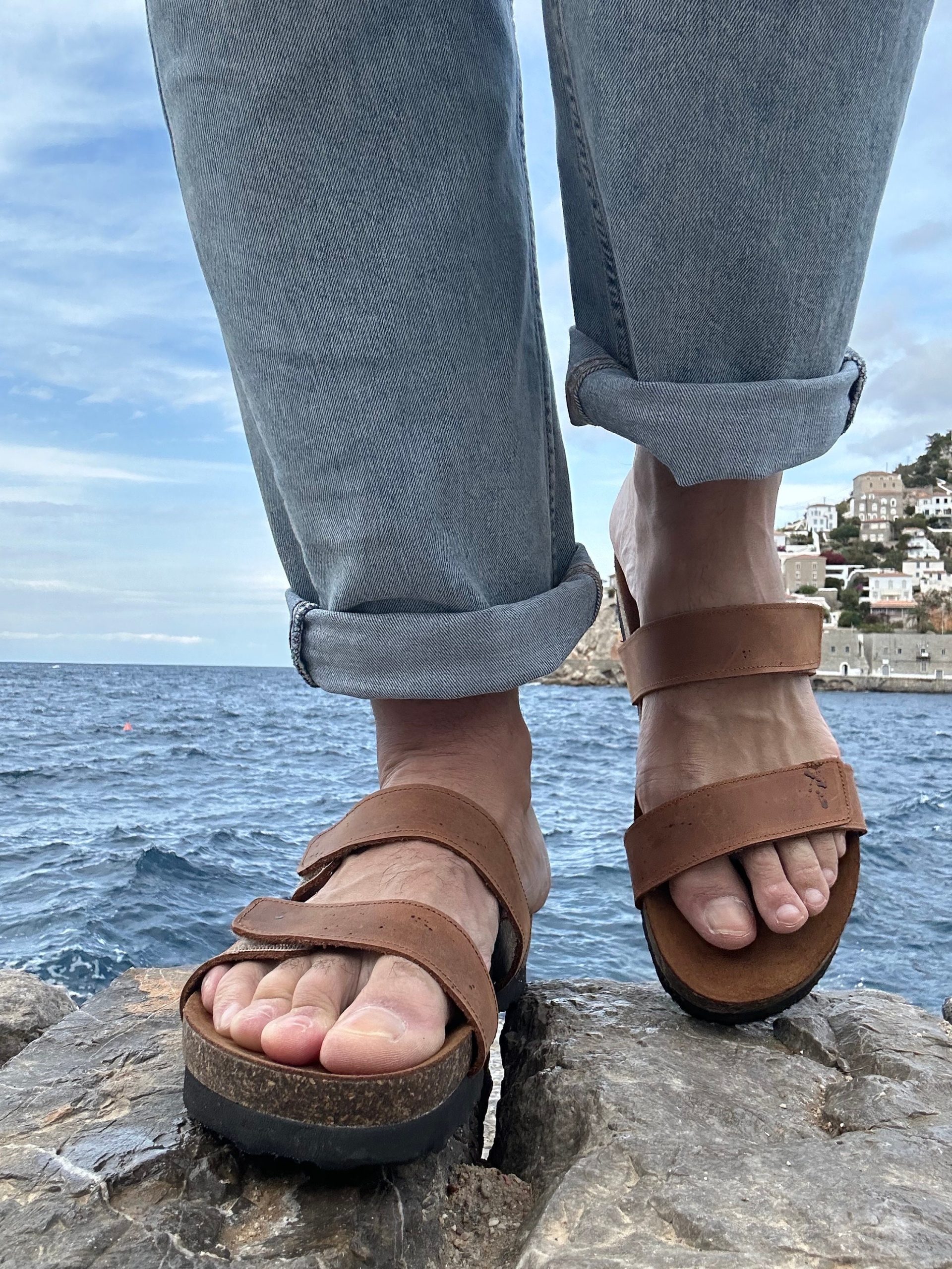 Men's Leather Sandals Black Slip On Greek Slides