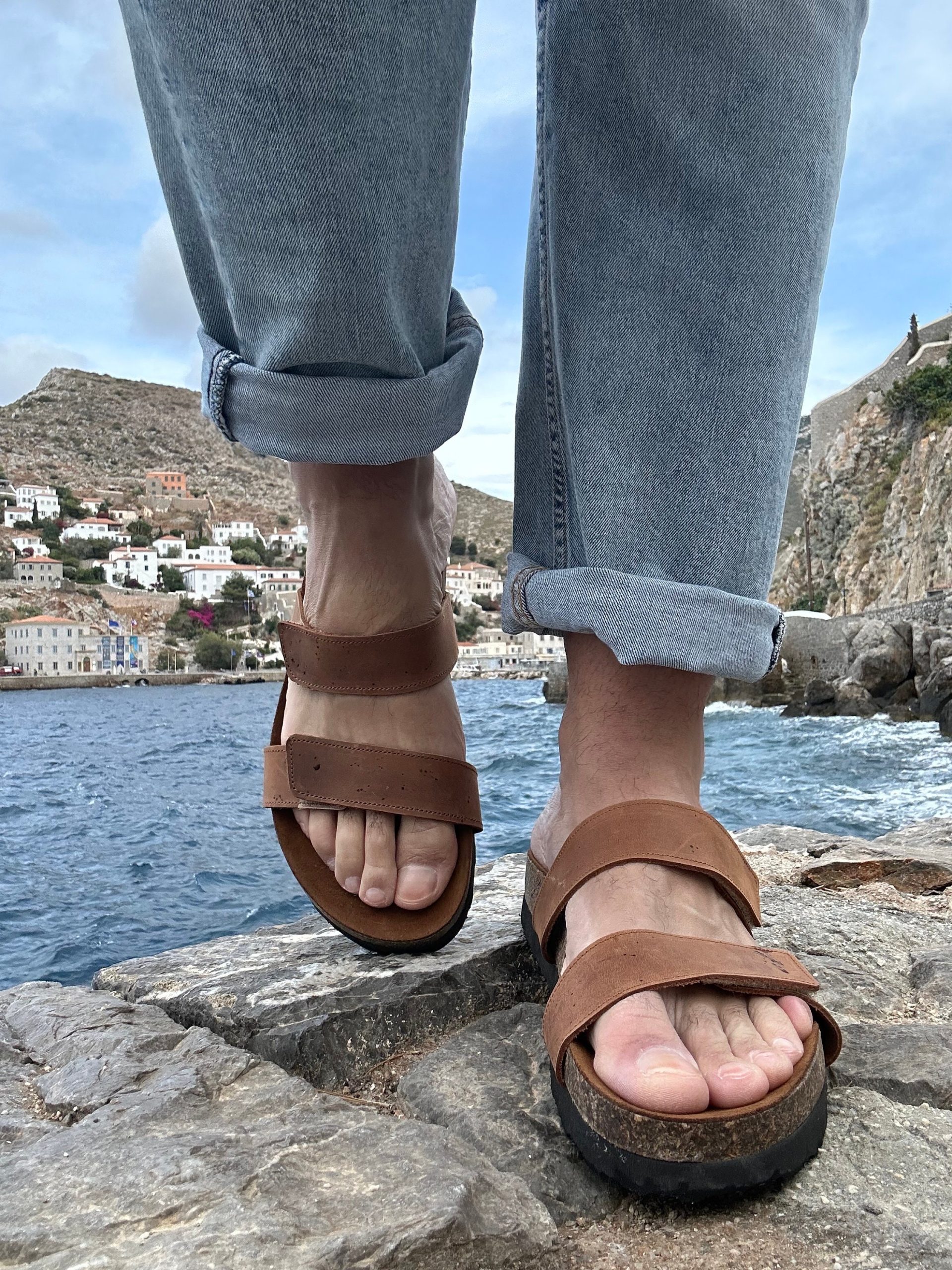Men's Leather Sandals Black Slip On Greek Slides