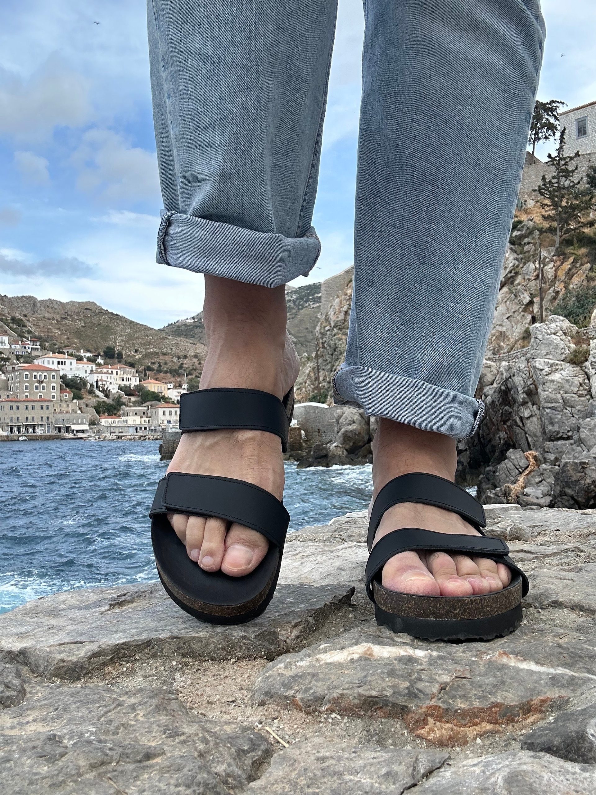 Men's Leather Sandals Black Slip On Greek Slides