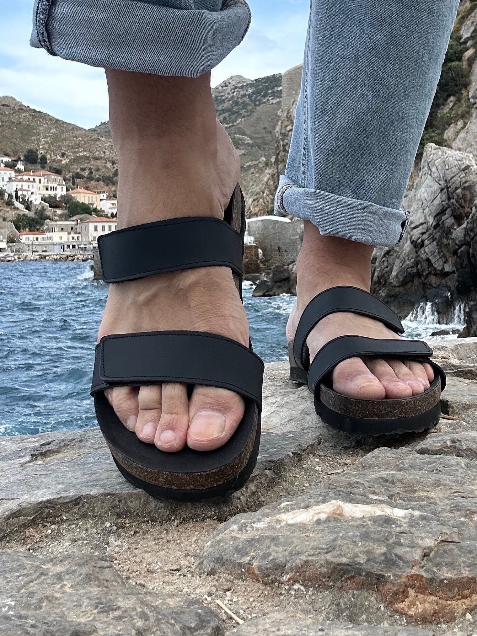 Men's Leather Sandals Black Slip On Greek Slides